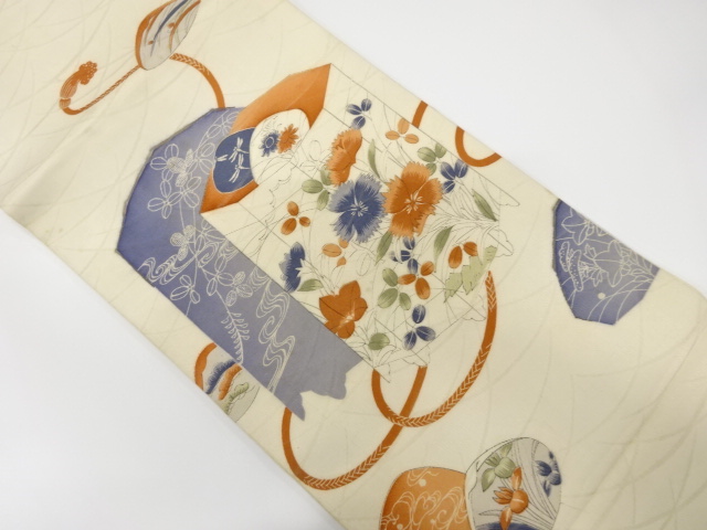 アンティーク　手描き　貝桶に草花模様丸帯（材料）